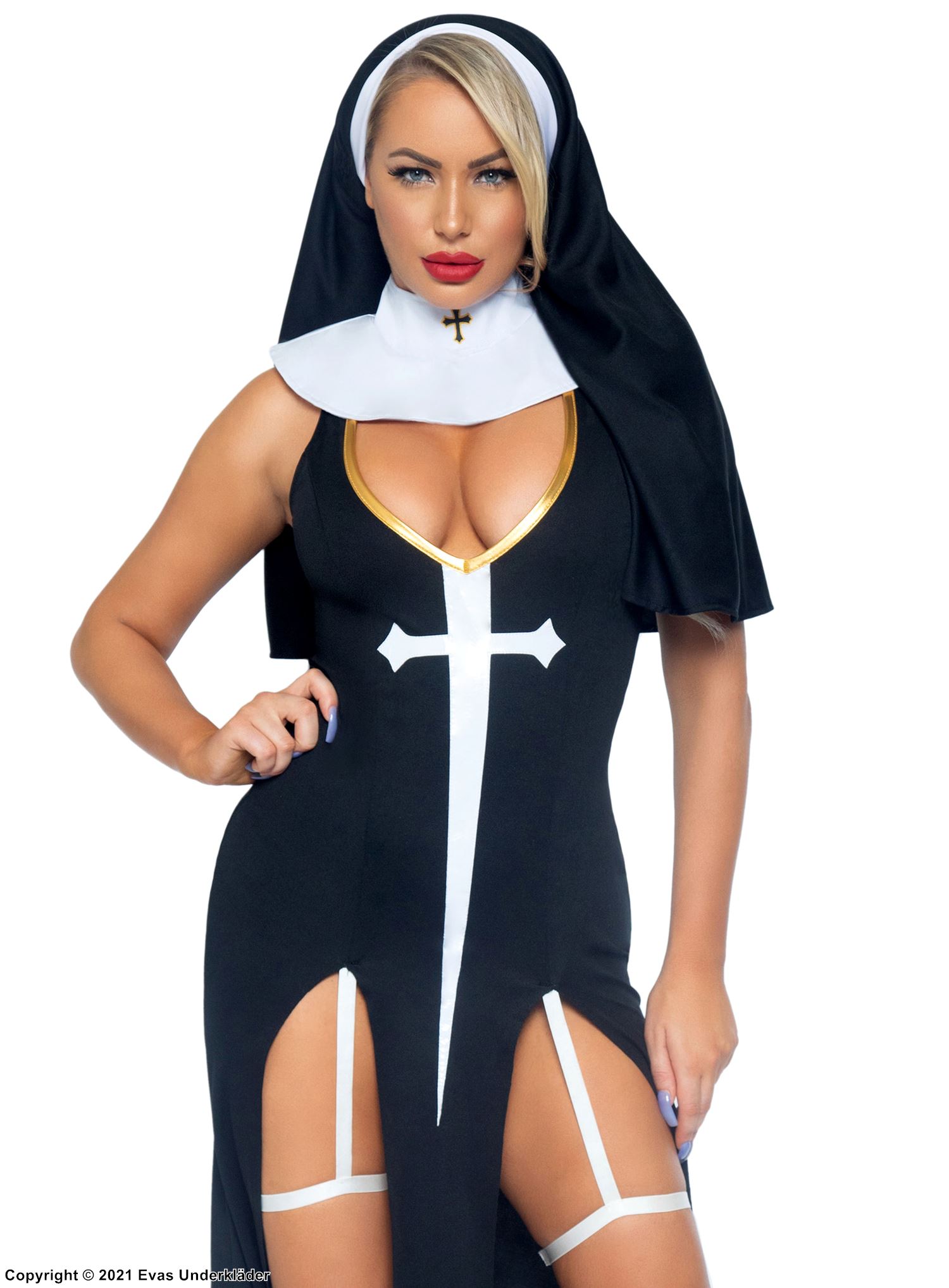 Nonne, kostyme-kjole, høy spalte, dyp utringning, kors, innbygd strømpebåndsstropp